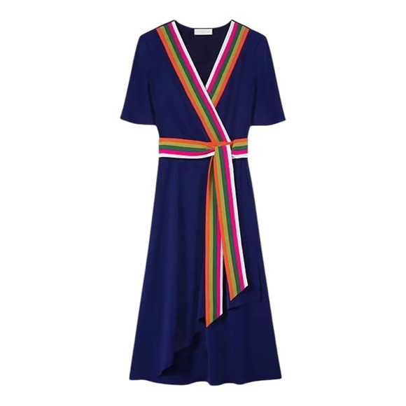 Tory Burch Peggy Wrap Dress Short Sleeve Navy Blue Stretch V-neck Womens Size 0 - Picture 2 of 16